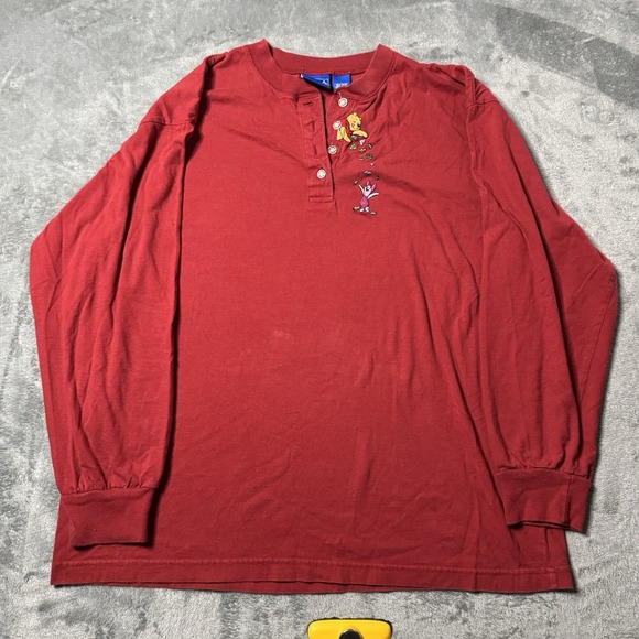 Disney Other - VTG 90s Winnie The Pooh 1/4‎ Button Longsleeve Shirt Embroidered Red Size L